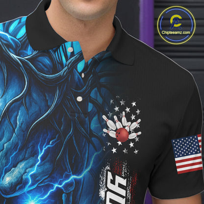 Custom Blue Lightning thunder Skull American Flag Patriotic Mens Bowling Shirts, Gift For Bowlers NQS10463