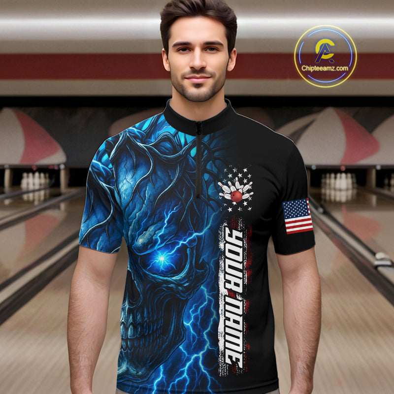 Custom Blue Lightning thunder Skull American Flag Patriotic Mens Bowling Shirts, Gift For Bowlers NQS10463