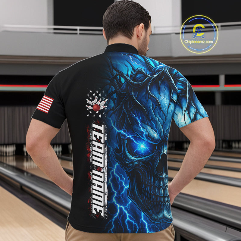 Custom Blue Lightning thunder Skull American Flag Patriotic Mens Bowling Shirts, Gift For Bowlers NQS10463