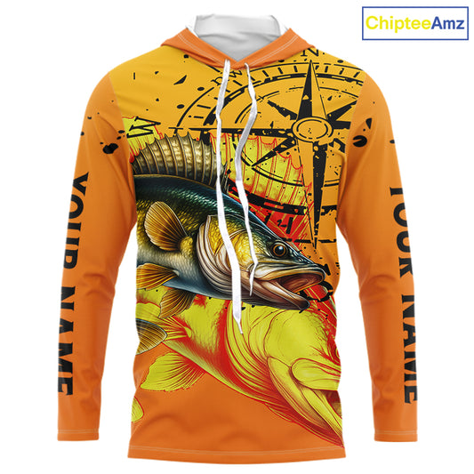 Custom Walleye Compass Long Sleeve Fishing Shirts, Personalized Walleye Fishing Jersey | Orange NQS10468