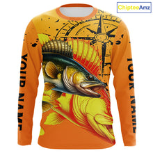 Load image into Gallery viewer, Custom Walleye Compass Long Sleeve Fishing Shirts, Personalized Walleye Fishing Jersey | Orange NQS10468