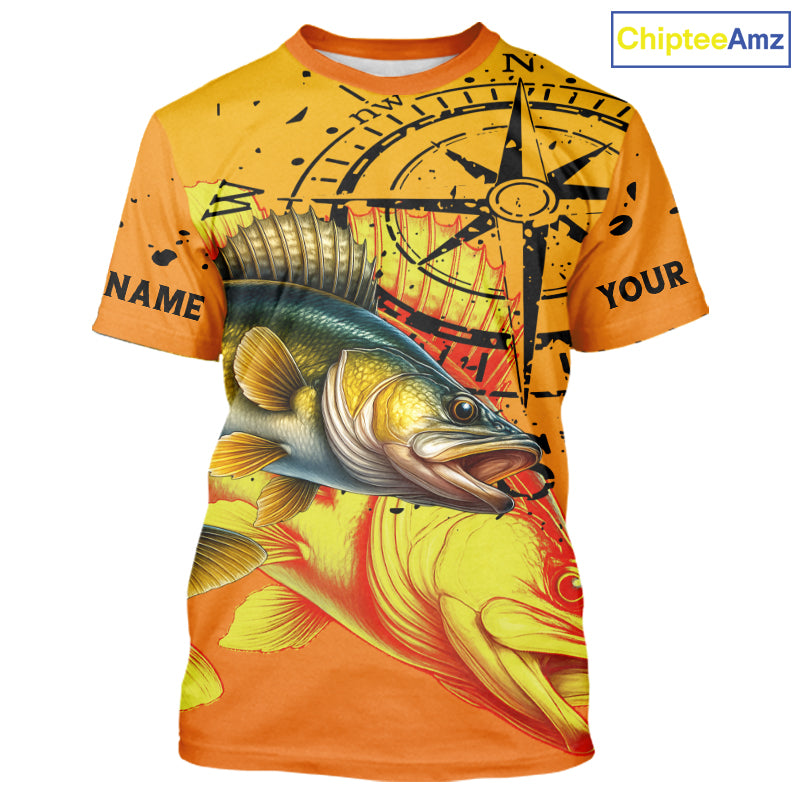 Custom Walleye Compass Long Sleeve Fishing Shirts, Personalized Walleye Fishing Jersey | Orange NQS10468
