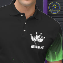 Load image into Gallery viewer, Personalized Mens Bowling Shirt Green flame Bowling Ball and Pins Team bowling jerseys for men Bowler NQS10472