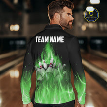 Load image into Gallery viewer, Personalized Mens Bowling Shirt Green flame Bowling Ball and Pins Team bowling jerseys for men Bowler NQS10472