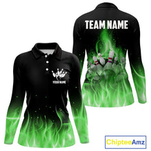 Load image into Gallery viewer, Personalized Women Bowling Shirt Green flame Bowling Ball Pins Team bowling jerseys for ladies Bowler NQS10472