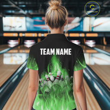 Load image into Gallery viewer, Personalized Women Bowling Shirt Green flame Bowling Ball Pins Team bowling jerseys for ladies Bowler NQS10472