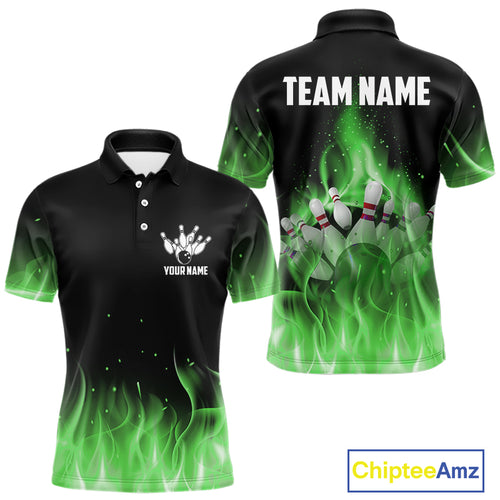 Personalized Mens Bowling Shirt Green flame Bowling Ball and Pins Team bowling jerseys for men Bowler NQS10472