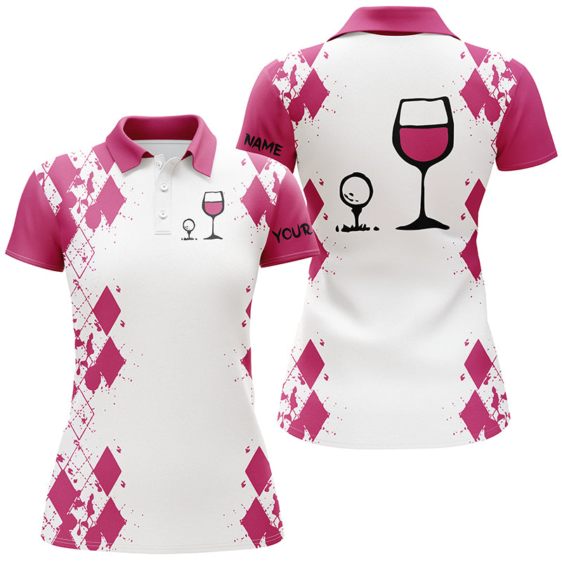 White Pink argyle pattern womens golf shirt Golf & wine custom name womens golf polo shirt NQS3924