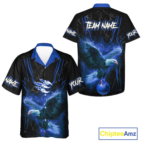 Black and Blue Flame Eagle Bowling Hawaiian Shirt Custom Team Name Bowling Jerseys For Bowlers NQS10673