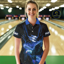 Load image into Gallery viewer, Black and Blue Flame Eagle Bowling Shirt For Women Custom Team Name Bowling Jerseys For Bowlers NQS10673