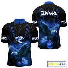 Load image into Gallery viewer, Black and Blue Flame Eagle Bowling Shirt For Men Custom Team Name Bowling Jerseys For Bowlers NQS10673