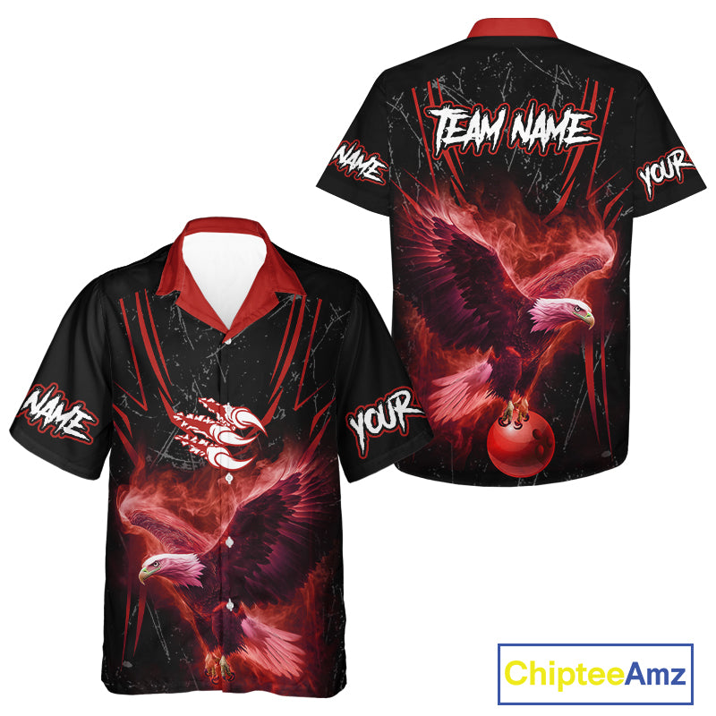 Black and Red Flame Eagle Bowling Hawaiian Shirt Custom Team Name Bowling Jerseys For Bowlers NQS10674