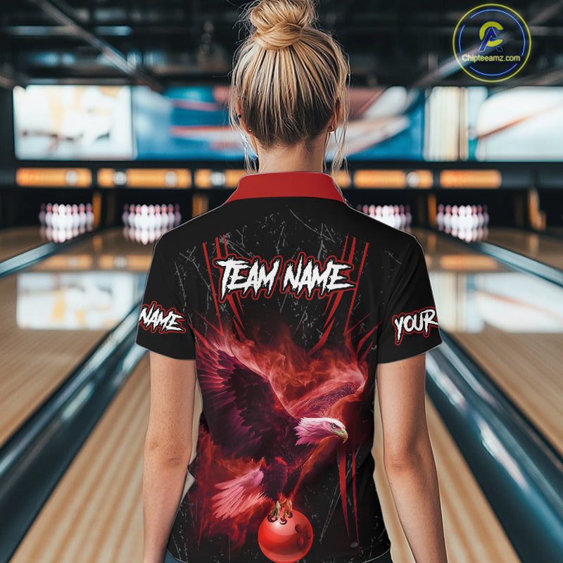 Black and Red Flame Eagle Bowling Shirt For Women Custom Team Name Bowling Jerseys For Bowlers NQS10674