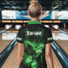 Load image into Gallery viewer, Black and Green Flame Eagle Bowling Shirt For Women Custom Team Name Bowling Jerseys For Bowlers NQS10675