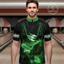 Load image into Gallery viewer, Black and Green Flame Eagle Bowling Shirt For Men Custom Team Name Bowling Jerseys For Bowlers NQS10675