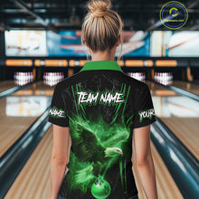 Load image into Gallery viewer, Black and Green Flame Eagle Bowling Shirt For Women Custom Team Name Bowling Jerseys For Bowlers NQS10675