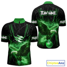 Load image into Gallery viewer, Black and Green Flame Eagle Bowling Shirt For Men Custom Team Name Bowling Jerseys For Bowlers NQS10675