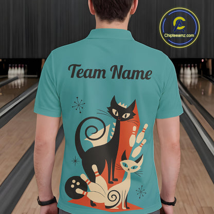 Custom retro bowling shirts Cat Bowling jersey for men Team Bowling Polo, 1/4 Zip Shirts | Blue NQS11072
