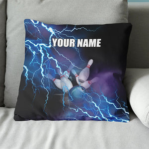 Personalized blue lightning thunder Bowling ball pins custom name Canvas, Linen Throw Pillow NQS7023