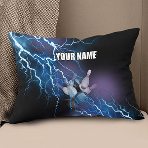 Personalized blue lightning thunder Bowling ball pins custom name Canvas, Linen Throw Pillow NQS7023