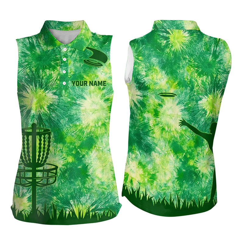 Womens Disc golf sleeveless polo shirts green tie dye disc golf basket custom disc golf jerseys NQS9196