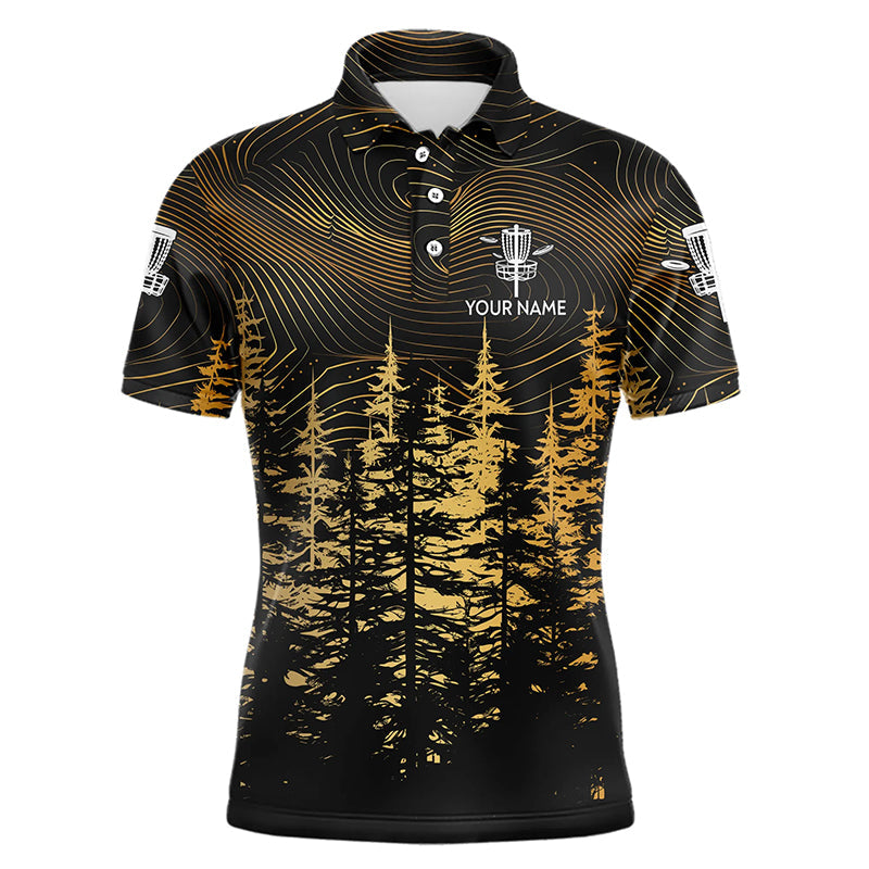 Black and Gold Forest Mens disc golf polo shirts custom disc golf apparel, best gifts for disc golfers NQS9199
