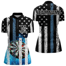 Load image into Gallery viewer, Blue Flame Dart Board Black and White American Flag Custom Team Dart Polo, Quarter Zip Shirt For Women NQS9201