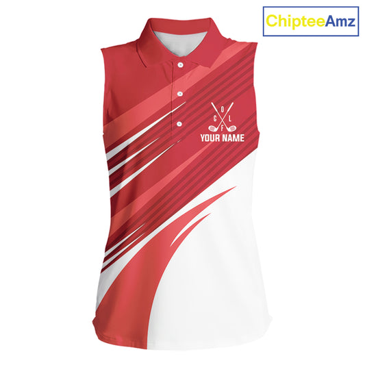 Red and white Sleeveless Golf Polo Shirt custom golf tops for ladies, personalized golf gifts NQS11274