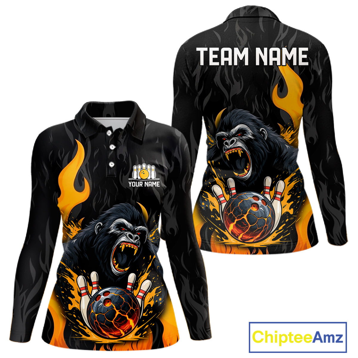 Black and Orange Flame Gorilla Bowling shirts For Women Custom Gorilla Team Bowling Jerseys NQS11279