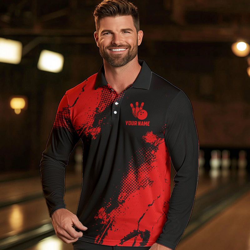 Black and Red Retro Mens Bowling Polo, Quarter Zip shirts Custom team bowling jerseys mens outfit NQS9394