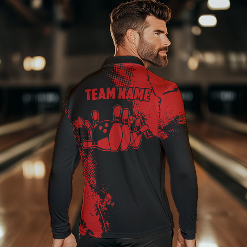 Black and Red Retro Mens Bowling Polo, Quarter Zip shirts Custom team bowling jerseys mens outfit NQS9394