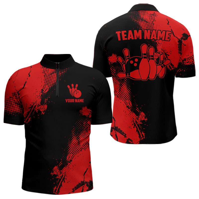 Black and Red Retro Mens Bowling Polo, Quarter Zip shirts Custom team bowling jerseys mens outfit NQS9394