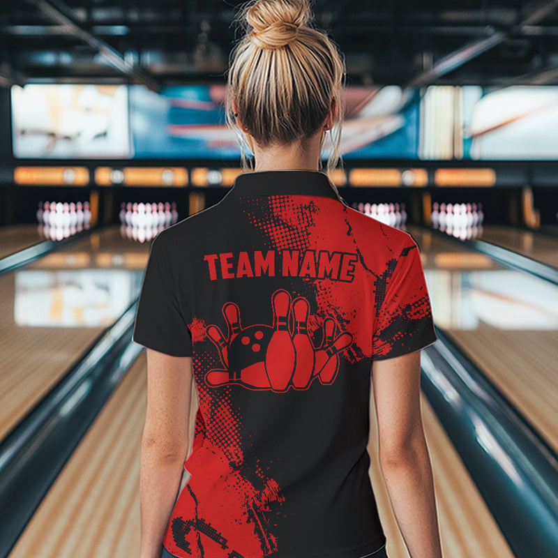 Black and Red Retro Women Bowling Polo, Quarter Zip shirts Custom team bowling jerseys ladies outfit NQS9394