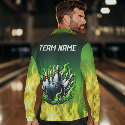 Personalized Yellow Green Flame Bowling Polo, Quarter Zip Shirts For Men Custom Team Bowling Jersey NQS9559