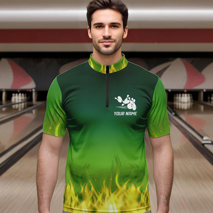 Personalized Yellow Green Flame Bowling Polo, Quarter Zip Shirts For Men Custom Team Bowling Jersey NQS9559