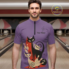 Load image into Gallery viewer, Custom retro bowling shirts Cat Bowling jersey for men Team Bowling Polo, 1/4 Zip Shirts | Purple NQS11668