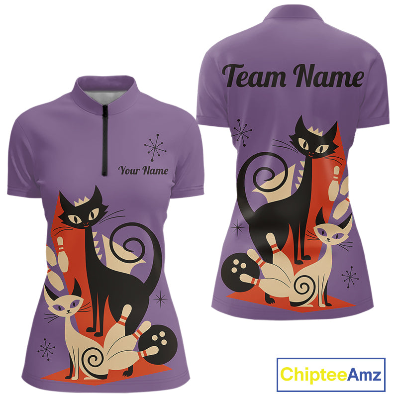 Custom retro bowling shirts Cats Bowling jersey for Women Team Bowling Polo, 1/4 Zip Shirts | Purple NQS11668