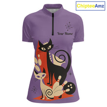 Load image into Gallery viewer, Custom retro bowling shirts Cats Bowling jersey for Women Team Bowling Polo, 1/4 Zip Shirts | Purple NQS11668