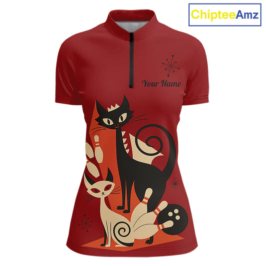 Custom retro bowling shirts Cats Bowling jersey for Women Team Bowling Polo, 1/4 Zip Shirts | Red NQS11669