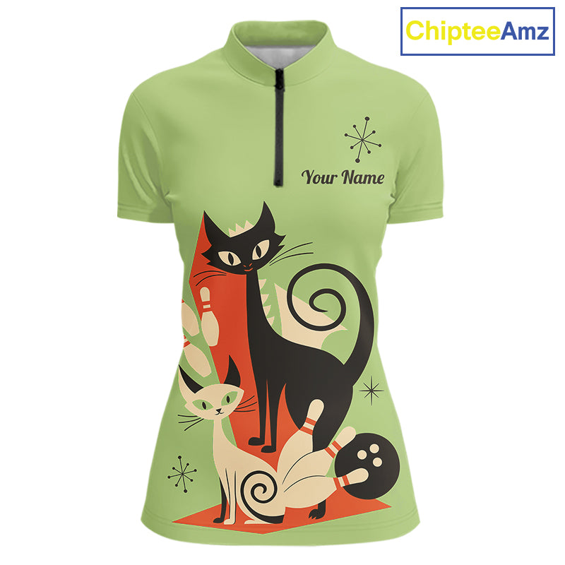 Custom retro bowling shirts Cats Bowling jersey for Women Team Bowling Polo, 1/4 Zip Shirts | Green NQS11670