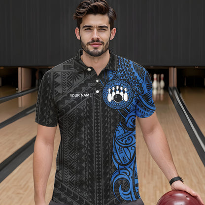 Black and Blue Tribal pattern Mens Bowling Shirts Custom Bowling outfit men Team bowling league jersey NQS9713