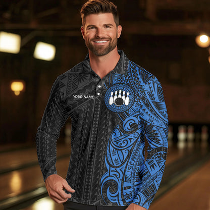 Black and Blue Tribal pattern Mens Bowling Shirts Custom Bowling outfit men Team bowling league jersey NQS9713