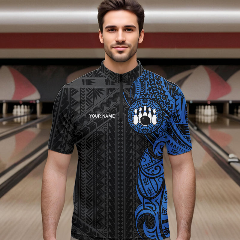 Black and Blue Tribal pattern Mens Bowling Shirts Custom Bowling outfit men Team bowling league jersey NQS9713