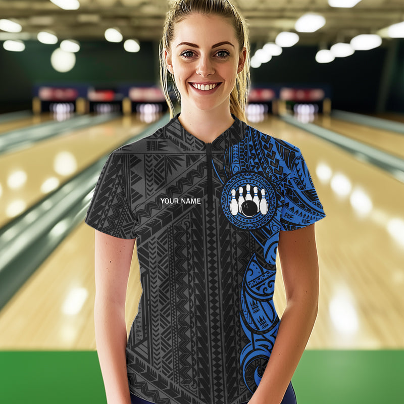 Black and Blue Tribal pattern Womens Bowling Shirts Custom Bowling outfit ladies Team bowling jerseys NQS9713