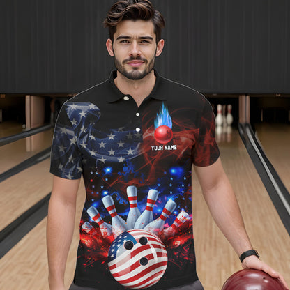 Personalized Smoke American Flag Bowling Team Shirts For Men Custom Patriotic Bowling Gifts For Bowler NQS9717