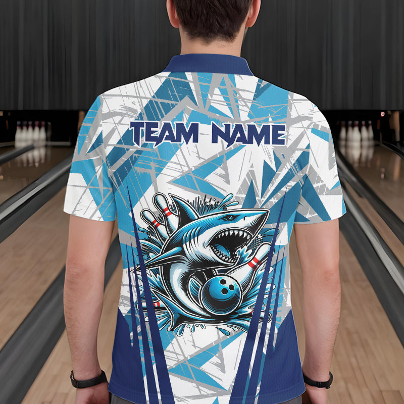 Personalized Blue Camo Shark Bowling Team Shirts For Men Custom Shark Bowling Polo, Quarter Zip Shirt NQS9719