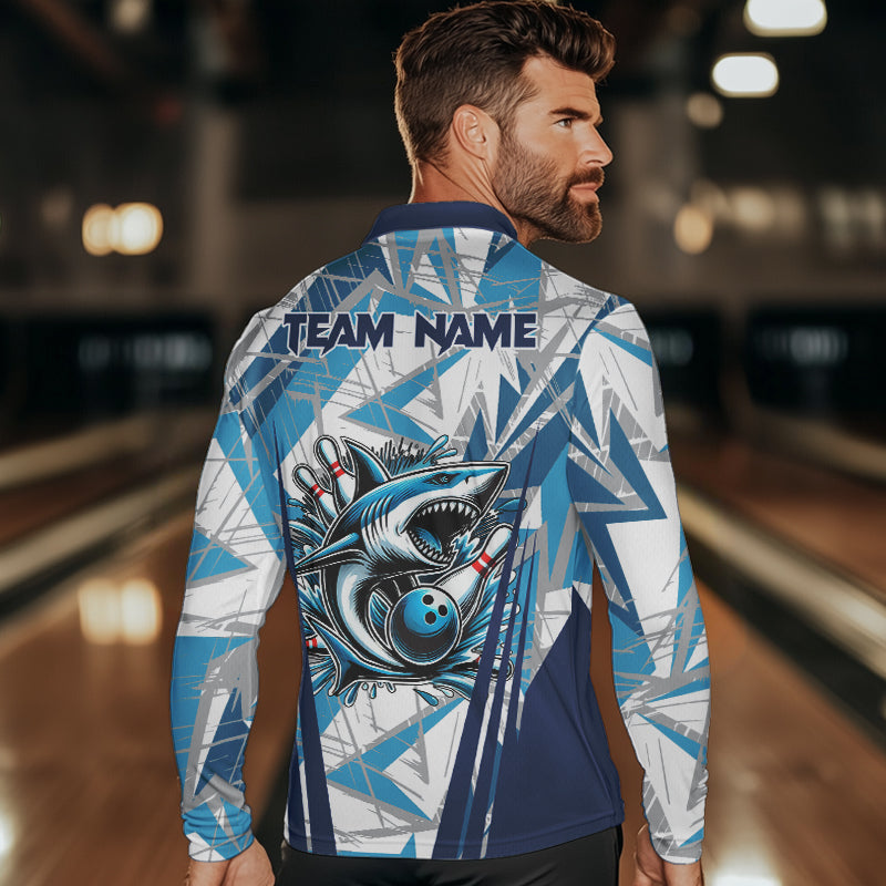 Personalized Blue Camo Shark Bowling Team Shirts For Men Custom Shark Bowling Polo, Quarter Zip Shirt NQS9719