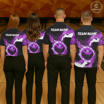 Purple Flame Fire Bowling Shirts for Men Custom Bowling Team Jersey Bowling Polo & Quarter-Zip Shirts NQS11753