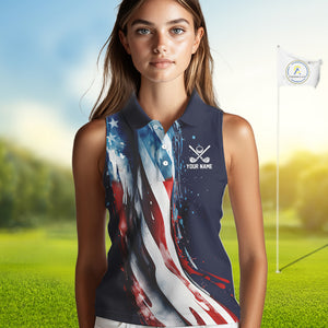 American flag Navy Blue Women sleeveless golf polo shirts Custom team patriotic golf top for ladies NQS9979
