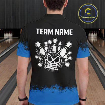 Black and Blue Funny Bowling Polo, Quarter Zip Shirt for Men Custom Bowling Team Jersey NQS9982